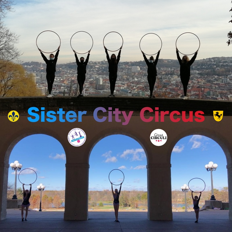 students holding hoops inside of iconic architectural locations in St. Louis and Stuuugart