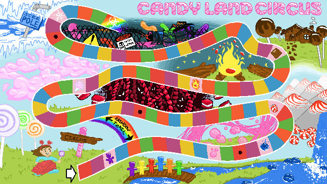 poster of a candy land game that says "candy land circus" on it